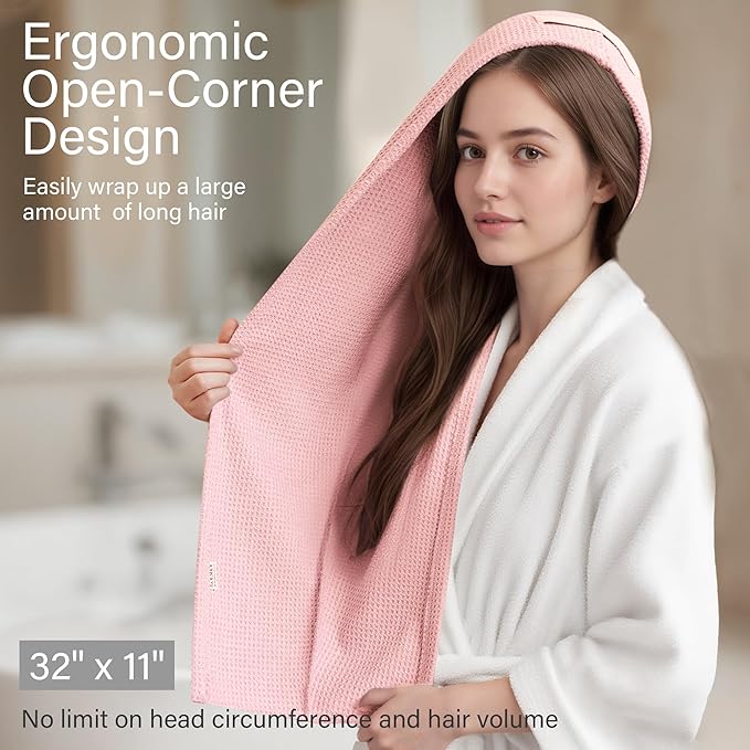 ROLSHOL 2 Pack Microfiber Hair Towel Wrap for Women, 32" x 11" Waffle Weave Hair Plopping Towel for Curly, Long & Thick Hair, Anti-Frizz Hair Turbans for Wet Hair (Light Pink,Coral Pink)
