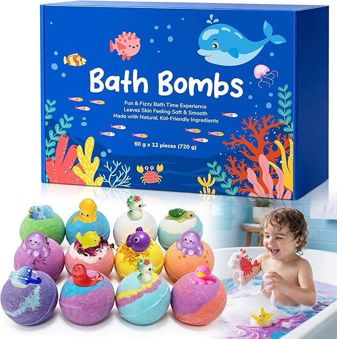 12 PCS Natural Bath Bombs with Toys Inside, Upgrade Fizzy Bubble Bath Gift Set with 12 Different Fragrances, Ocean Theme Bath Fizzies, Natural Sea Salt Color Changing Spa Easter Bath Balls