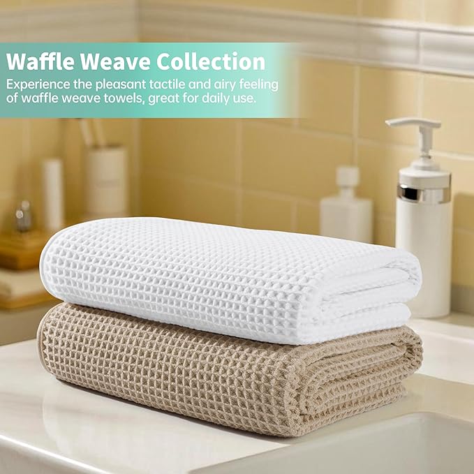 MICROFI New Microfiber Waffle Bath Towels, 2 Pieces, Oversized, Soft, Absorbent, Fast Drying, Lint Free 430 GSM (Beige+White)