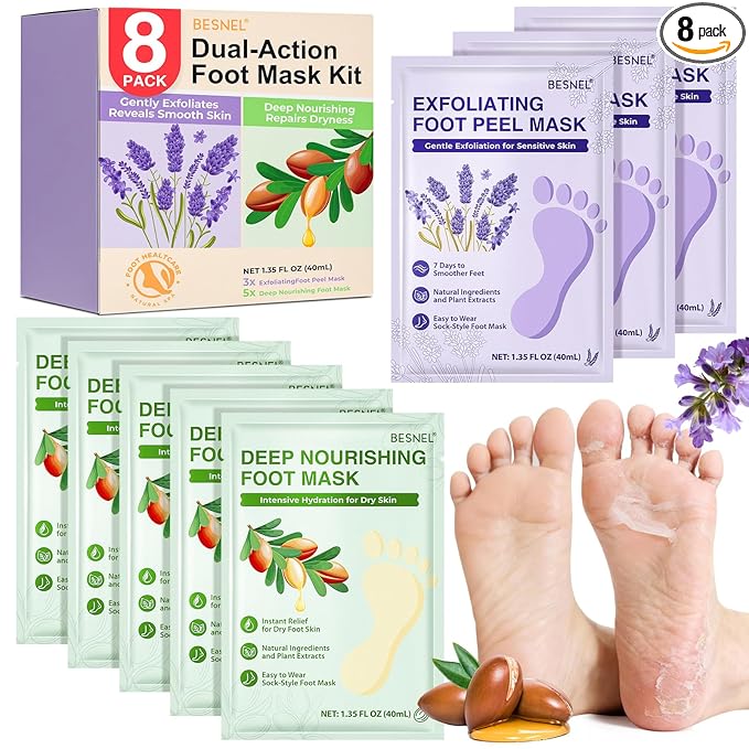 5Pack Moisturizing＆3Psck Foot Peeling Foot Mask, Hydrating Foot Masks Dry Cracked Feet, Soothing Moisturizer Repair Rough Heels＆Baby Soft Feet, Exfoliator Peel Calluses Dead Skin Callus Remover(8P)