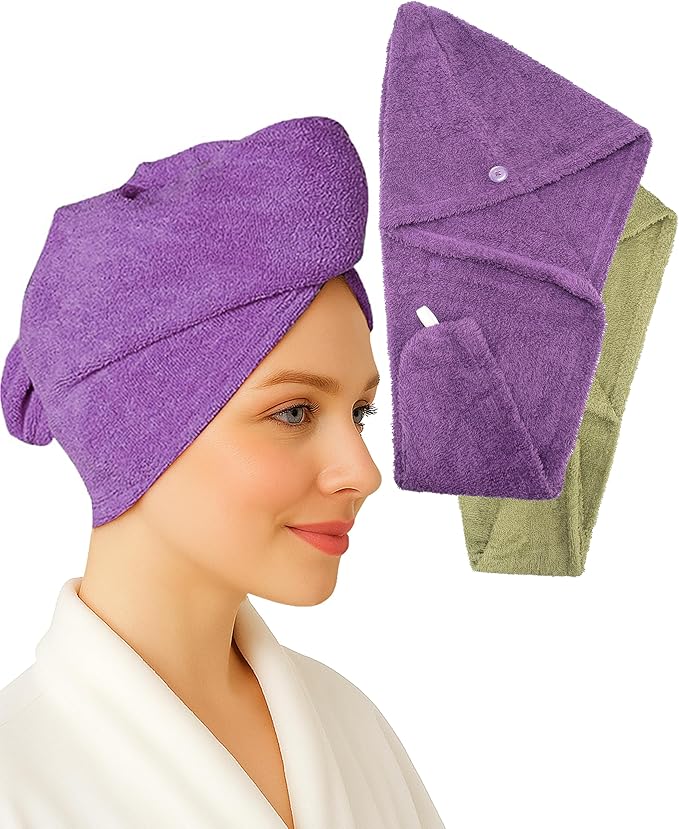 Textila 100% Cotton Hair Wrap Towels for Women (Pack of 2, Plum & Green) – Soft & Absorbent Turban Towels for Long, Curly, Frizz-Prone Hair