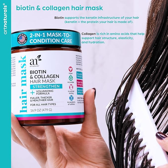 Artnaturals Biotin & Collagen Hair Mask – Strengthening & Volumizing Treatment for Fuller, Thicker Hair – With Jojoba, Almond & Sage Oils – Vegan, No Parabens or Sulfates – 16.9 oz