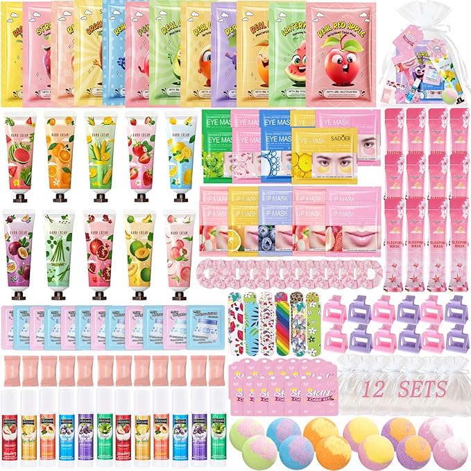 224 Pcs Spa Party Favors for Women, Include Facial Mask, Face Cream, Hand Creams, Lip Balms, Under Eye Patches, Lip Mask, Foot Bath Bombs, Sleepover Party Supplies Bulk Womens Gifts