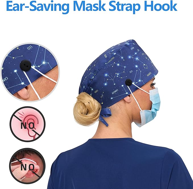 Satin Lined Scrub Cap, Adjustable Surgical Cap with Sweatband & Buttons, Soft and Wrinkle-Resistant Scrub Hat
