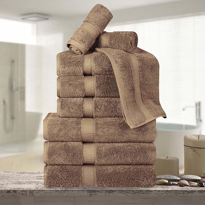 Superior Egyptian Cotton Pile 9 Piece Towel Set, Includes 3 Bath, 3 Hand, 3 Face Towels/Washcloths, Ultra Soft Luxury Towels, Thick Plush Essentials, Guest Bath, Spa, Hotel Bathroom, Latte