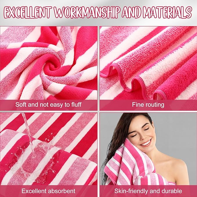 SmoothNovelty 16 Pack Microfiber Bath Towels Bulk 27'' x 60'' Oversized Size Bath Towel Highly Absorbent Extra Large Soft Drying for Beach Shower Summer Salon Sport Gym Party (Wide Stripes,Pink)