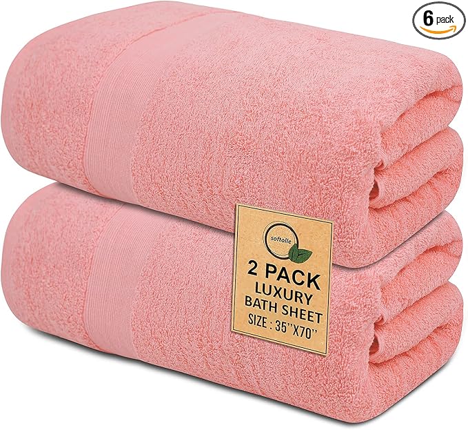 Softolle 100% Cotton Luxury Bath Sheets - Pack of 2 (35" x 70") | Super Soft, Quick-Dry & Highly Absorbent Towels for Bathroom, Home, Spa & Gym (Pink)