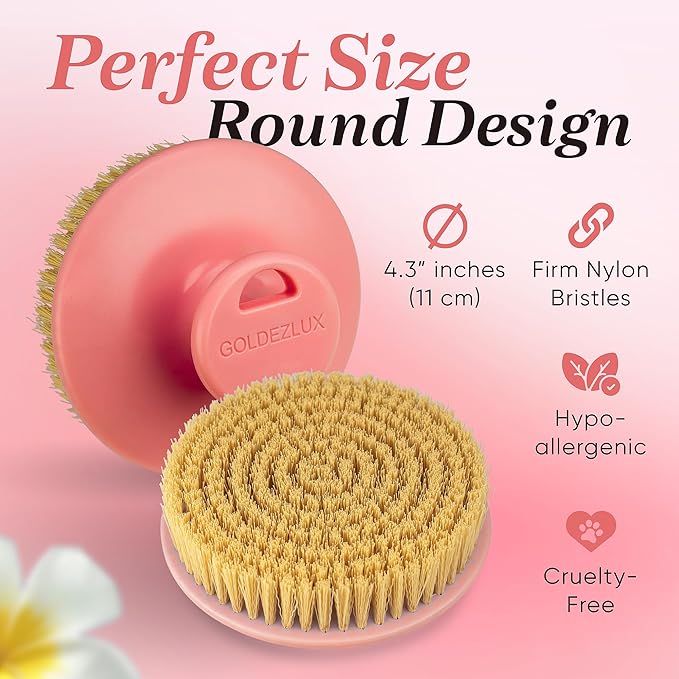 GOLDEZLUX® Dry Body Brush Cruelty-Free Firm Bristles Exfoliate Promote Smooth Skin, Dry Brushing Stimulate Blood Flow, Lymphatic Drainage, Prevent Ingrown Hair - Large Size & Comfortable Grip (Pink)