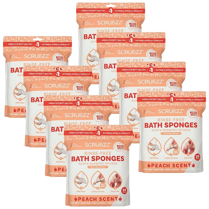 Scrubzz Disposable No Rinse Bathing Wipes - All-in-1 Single Use Shower Wipes, Simply Dampen, Lather, and Dry Without Shampoo or Rinsing (Peach, 8-Pack)