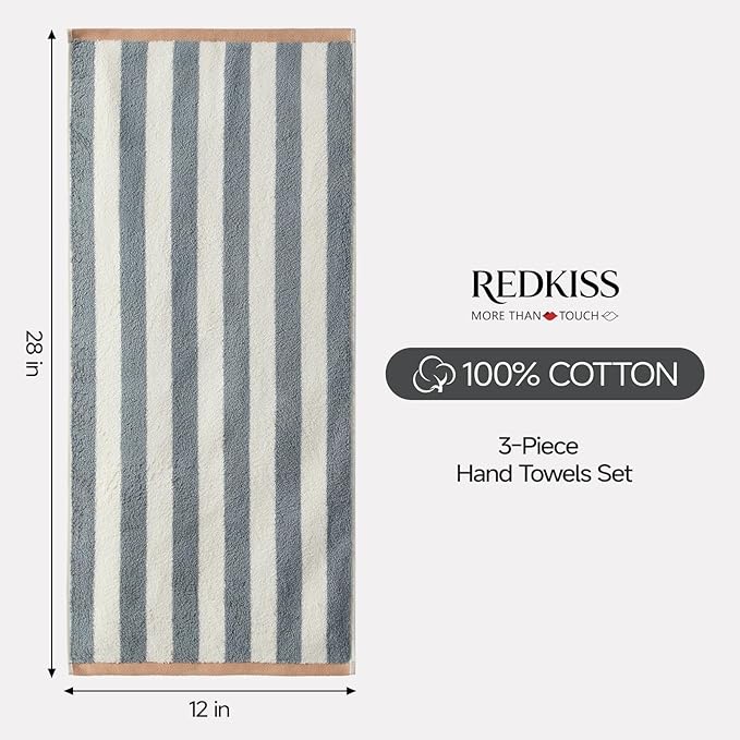 REDKISS 3-Pack Gray Hand Towels for Bathroom - 12 x 28 Inches 100% Cotton Towels, Ultra Soft and Highly Absorbent Striped Hand Towel for Bath, Gym, Hotel, Kitchen and Spa