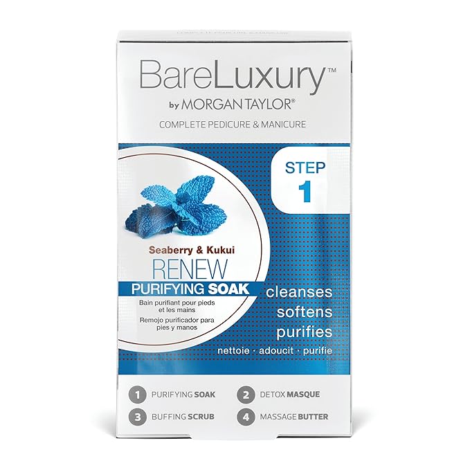 Morgan Taylor BareLuxury 4-Step Complete Pedicure & Manicure Packs - Complete Nail Care Kit with Soak, Masque, Scrub & Massage Butter, Professional Spa-Quality Treatments (Renew Seaberry & Kukui)