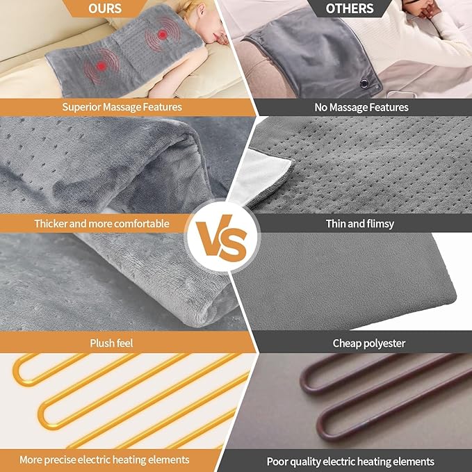Heating Pad for Back Pain Relief,Massaging Weighted Heating Pads for Neck, Shoulder,Cramp,Portable Heated Pad with 3 Heat Settings & 6 Massage,18 Relaxing Combinations,Auto Off,12"*24",Light Grey