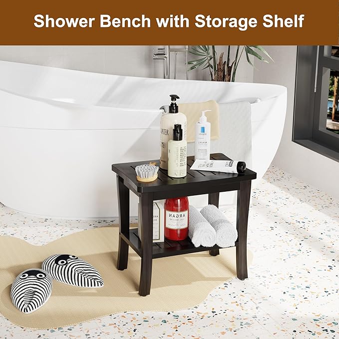 Extra Bamboo Black Shower Bench Stool Waterproof Shower Chair Spa Bath Seat Extra Big Best Hardwood Bathroom Gadgets Seat Father Day Dad Parents Stepdad Christmas Xmas Happy Birthday Gifts Ideal