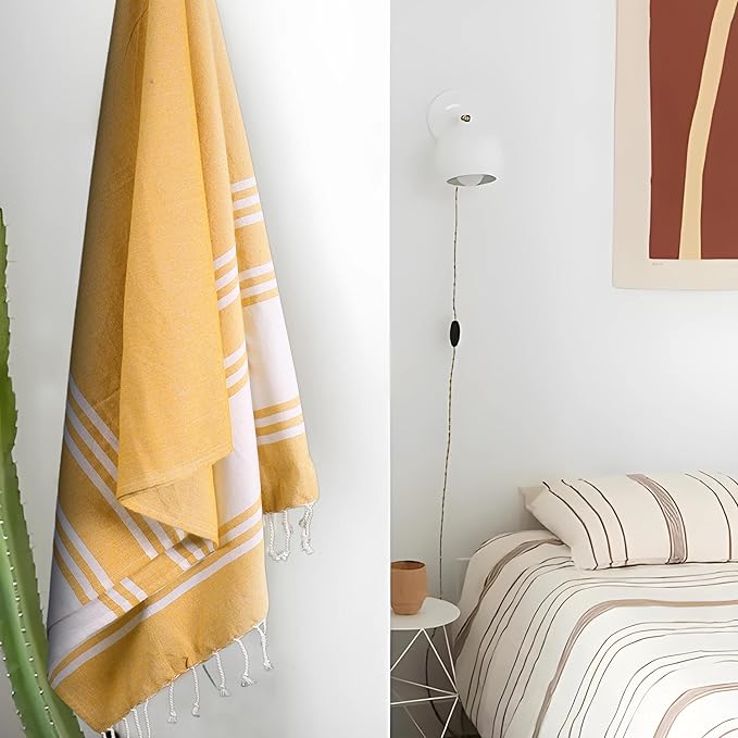 Goroly Home Cotton Turkish Peshtemal Beach Towel, Extra Large, Thin Quick Dry Sand Free Pool & Swim Towel, Bathing Blanket, Travel Essentials, (Mustard, 36x71 Inches)