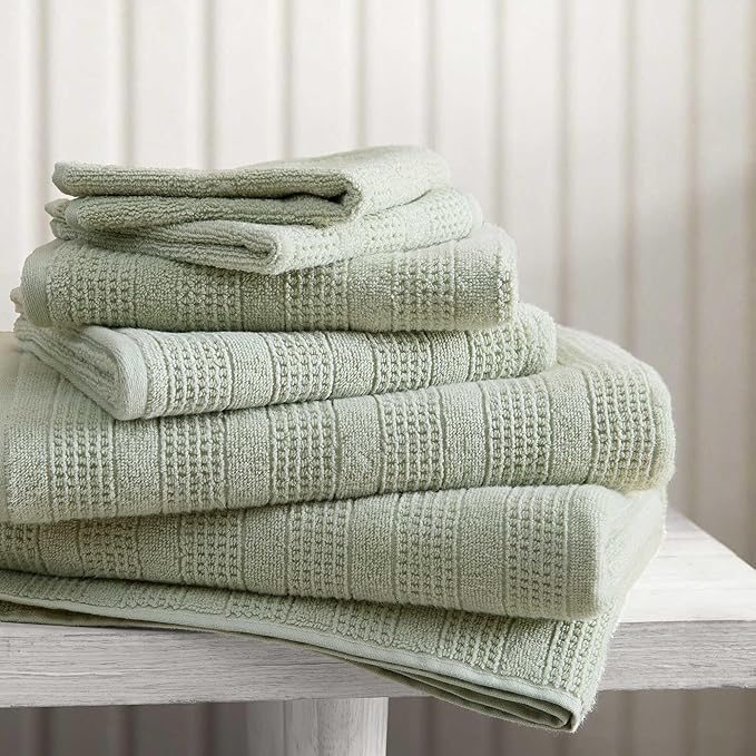 Martha Stewart - Bath Towels, Soft & Absorbent 100% Cotton Towels, Solid 500 GSM, 6-Piece Bathroom Towel Set with Textured Weave (Bedford Cottage Green)