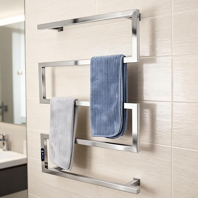 Towel Warmer Rack for Bathroom with Timer/Fahrenheit Temperature Control Wall Mounted Electric Heated 5 Bar Rail Plug-in or Hardwired Keep Bath Shower Towel Warming (Mirror Polish Slivery)