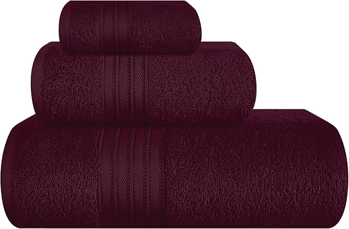 BOUTIQUO Ultra Soft 3 Pack Cotton Towel Set, Contains a Bath Towels 28x55 inch, a Hand Towels 16x24 inch & a Wash Coths 12x12 inch, Ideal Everyday use, Compact & Lightweight - Burgundy
