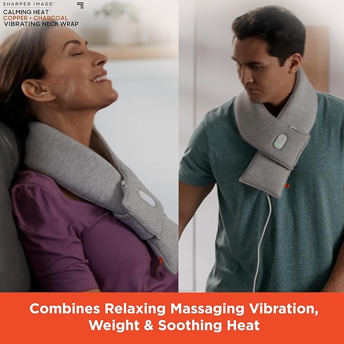 Calming Heat Neck Wrap by Sharper Image | Weighted Copper & Charcoal, Heating Pad, Auto Shut-Off Feature, Gift for Holidays, Women & Men | 3 Heat & 3 Vibrating Massage Settings