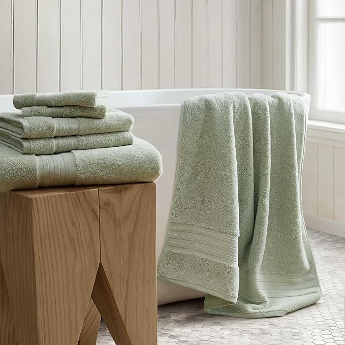 Martha Stewart - Bath Towels, Soft & Absorbent 100% Cotton Towels, Plush 700 GSM, 6-Piece Bathroom Towel Set with Textured Dobby Weave (Skyland Manor Green)