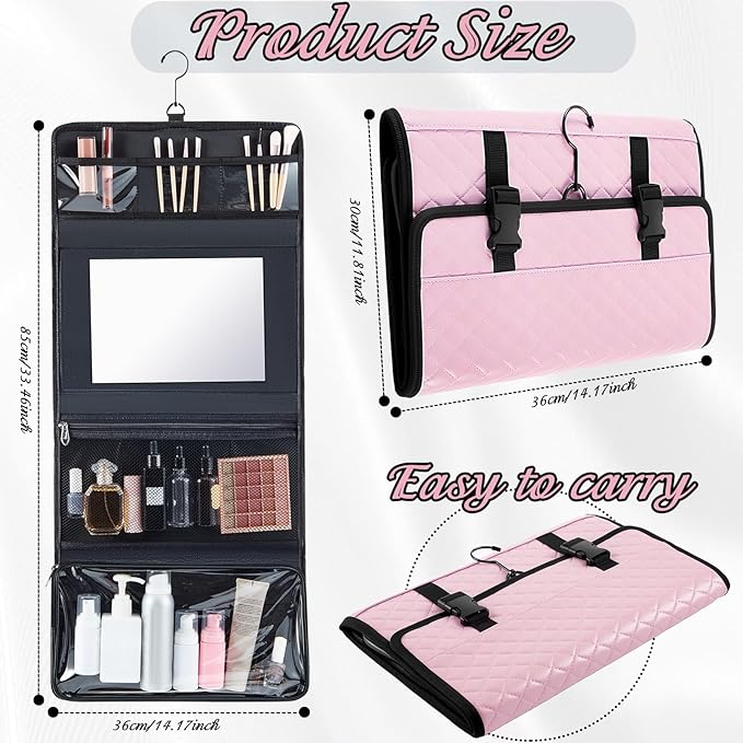 Travel Hanging Toiletry Bag with Mirror Leather Travel Hanging Mirror Foldable Dance Competition Makeup Bag Backstage Cosmetic Organizer for Traveling Dancers Spa(Classic,Pink)