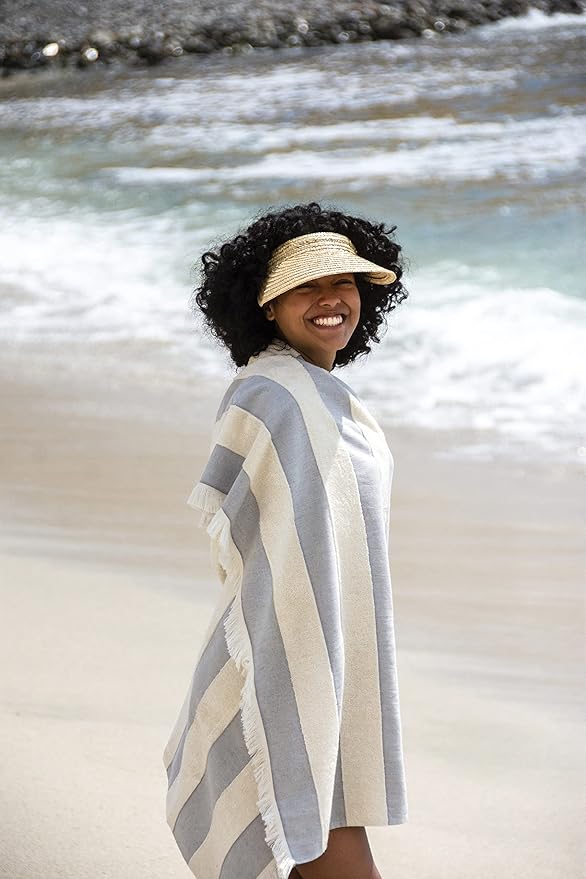 Lightweight Turkish Beach Towel - 100% BCI Cotton, Unbleached Raw Fringe, Oeko-TEX Certified, Absorbent, Eco-Friendly, 36x66”, Gray & Natural Stripes, Portable Sarong Blanket for Pool, Travel