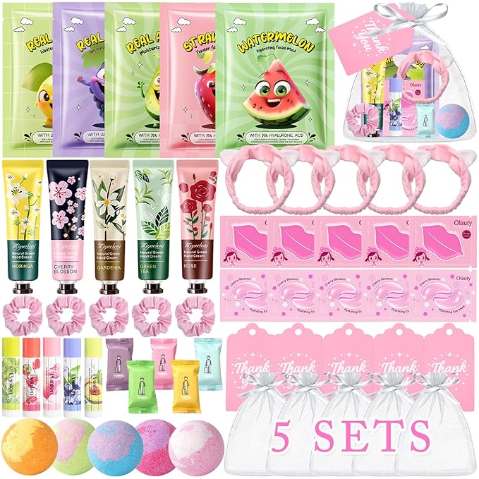 55PCS Spa Party Supplies for Girls, Spa Party Favors Face Masks, Hand Cream, Lip Balm, Lip Mask, Under Eye Patches, Foot Bath Bombs, Spa Birthday Sleepover Party Supplies for Women, Mothers Day Gifts