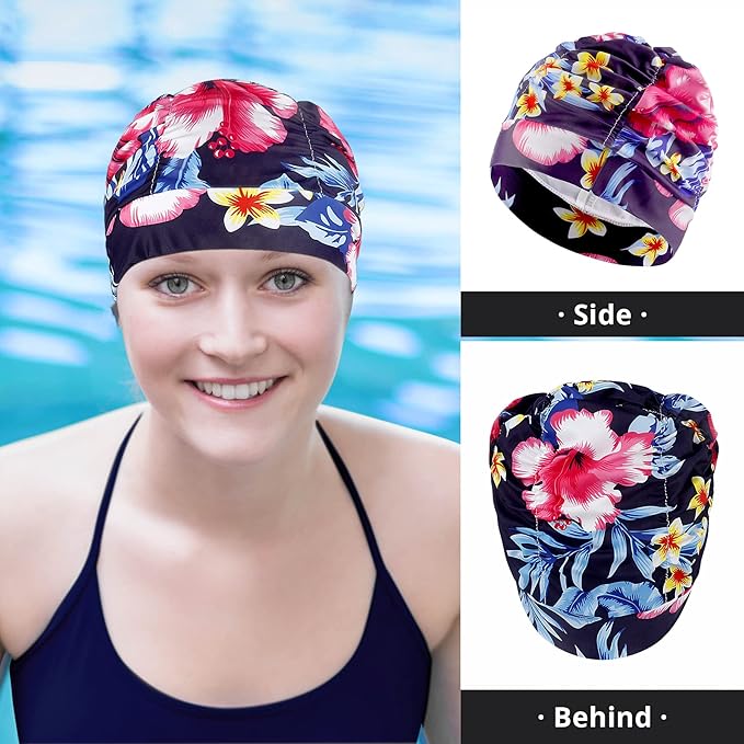 Swim Caps for Women Swimming,1 Pcs Fabric Nylon Cloth Swim Cap, Comfort Pleated Swimming Cap for Long Hair, Not Waterproof Elastic Bathing Caps, Swim Hat Keep Hairstyle Unchanged