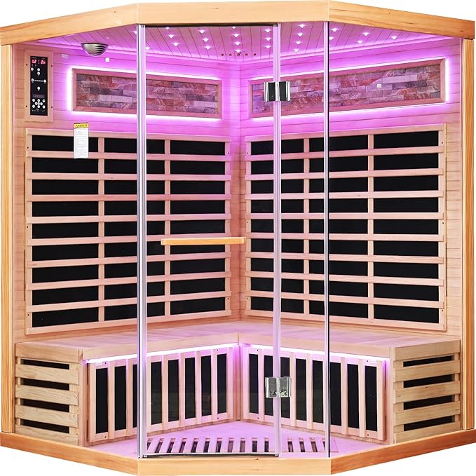 OUTEXER Sauna Corner Saunas for 4-5 Person 240V Home Indoor Canadian Hemlock Far Infrared Saunas 2595W Low-EMF Dry Saunas with 7 Color Starry Sky Ceiling Light Therapy 59 * 59 * 74.8inch
