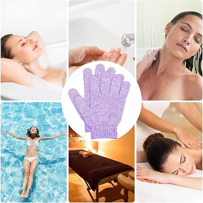 4 Pairs Bath Gloves, Body Scrub Mitts, Shower Scrubber Gloves for Shower Spa Massage & Body Scrub for Women Bath Spa Accessories (Purple, S)