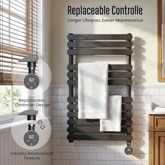 Towel Warmer, Large Size Heated Towel Rack with Built-in Timer and Temperature Control, Detachable Controller, Hardwired/Plug-in, Black
