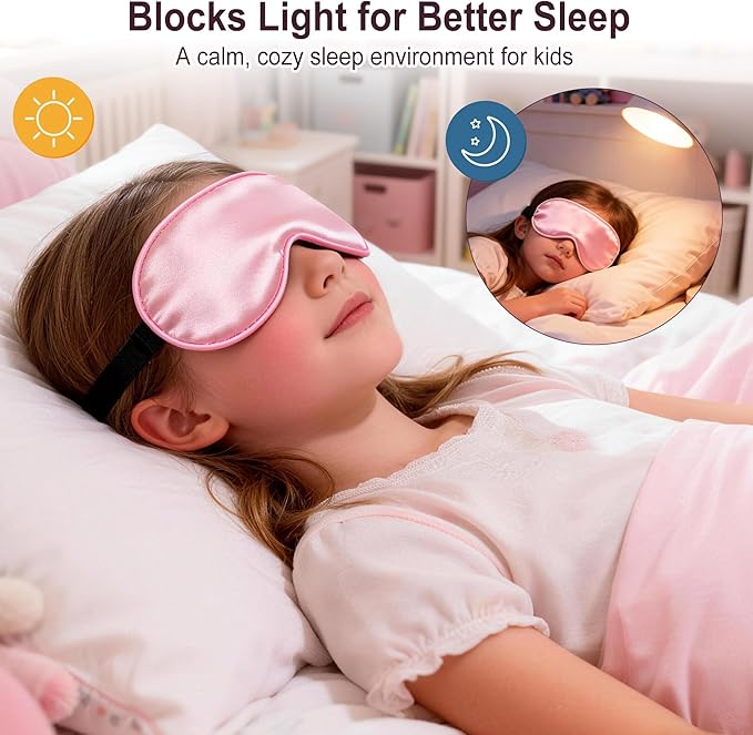 Kids Sleep Mask, Kids Eye Mask for Boys Girls, Kid Silk Eye Masks with Adjustable Strap for Sleeping, 100% Light-Blocking Sleep Eye Cover, Includes Protective Laundry Bag (Pink)