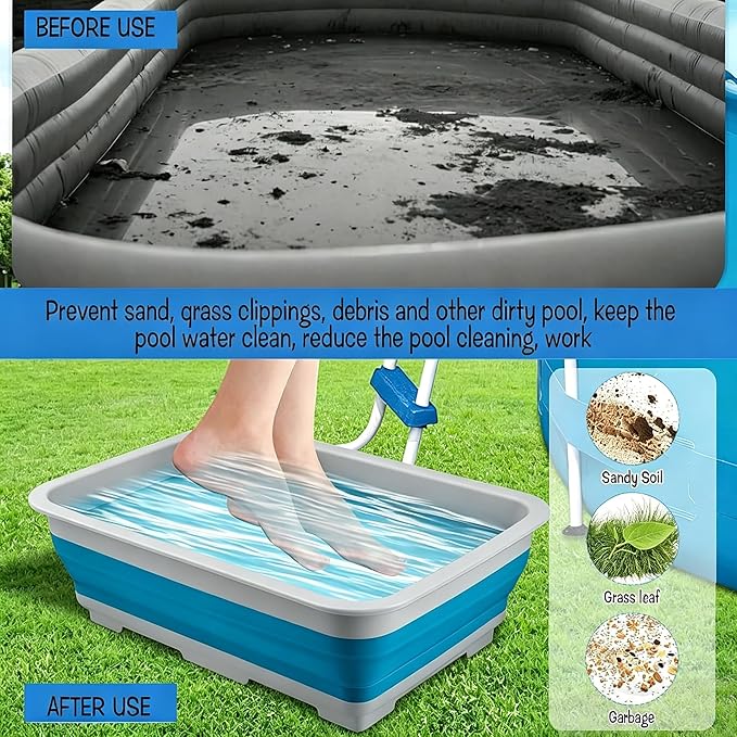Pool Foot Bath Tray for Swimming Pool, Non- Slip Collapsible Foot Bath for Pool, Portable Foot Tub for Pool for Above Ground Pool Accessories, Rinse Feet Keep Clean (Blue + White)
