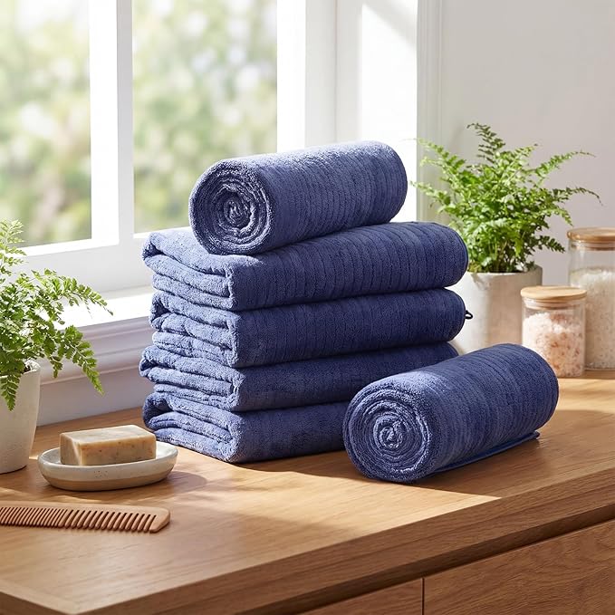 SmoothNovelty 16 Pack Microfiber Bath Towels Bulk 27'' x 60'' Oversized Size Bath Towel Highly Absorbent Extra Large Soft Drying for Beach Shower Summer Salon Sport Gym Party (Stripe,Dark Blue)