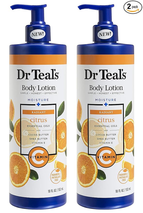Dr Teal's Body Lotion - Moisture Plus - Radiant Citrus Essential Oils and Vitamin C, 18 Fl Oz 2-Pack (36 Fl Oz)