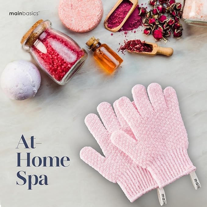 MainBasics Deep Exfoliating Bath Gloves - Heavy-Textured Nylon Shower Scrub for Dead Skin Removal - Machine Washable (1 Pair, Soft Pink)