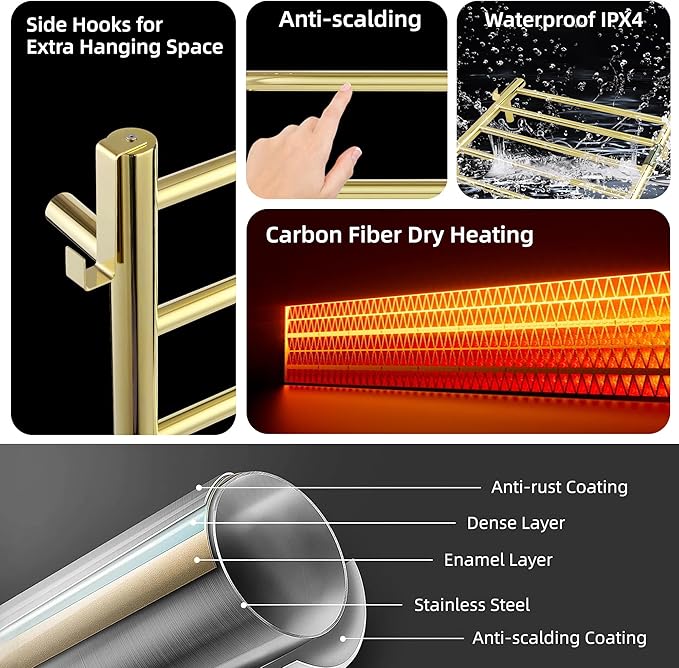 P&Dlusir Towel Warmer, Heated Towel Rack with Smart Timer and Thermo Control, Wall-Mounted Heated Towel Rail, Stainless Steel, Hard-Wired/Plug-in, Polished Gold, 5 bar