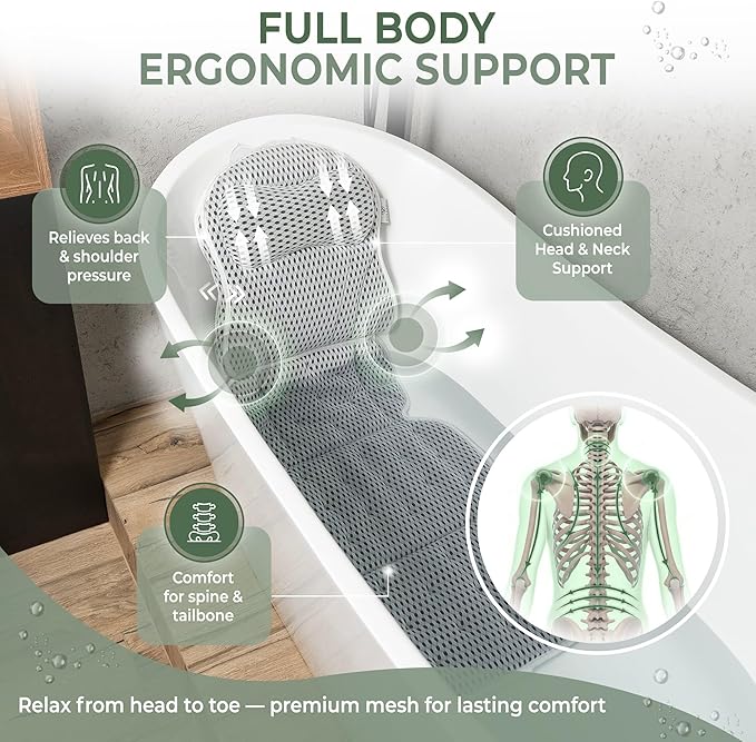 Full Body Bath Pillow for Tub with Free Bath Tray & Wash Bag – 2-in-1 Design | 5D Air Mesh, Detachable Headrest, Non-Slip Suction Cups, Machine Washable