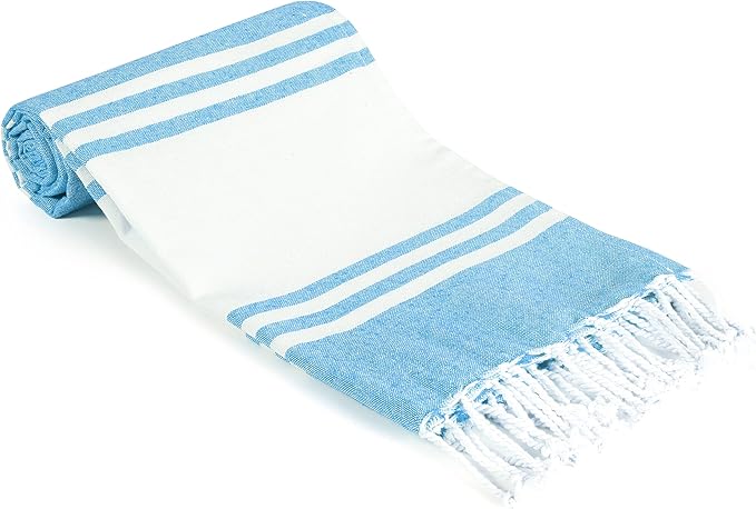 Goroly Home Cotton Turkish Peshtemal Beach Towel, Extra Large, Thin Quick Dry Sand Free Pool & Swim Towel, Bathing Blanket, Travel Essentials, (Turquoise Blue, 36x71 Inches)