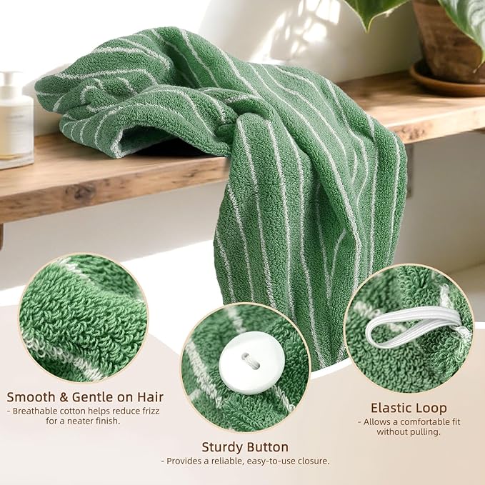 Jacquotha Cotton Hair Towel Wrap for Women (Green Striped) – Soft Absorbent Quick Drying Hair Turban for Wet Hair, 25” x 9.5”, 1 Pack