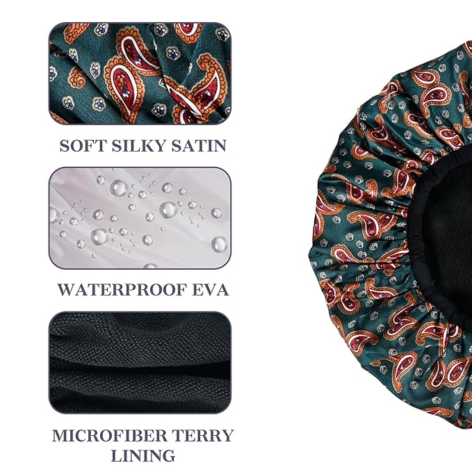 Paisley Satin Shower Cap, Three-Layer Terry Cloth Lined, with Silk Hair Ties, Microfiber Waterproof Reusable Large Size Shower Cap for Women Long Thick Hair (Red Bandana)