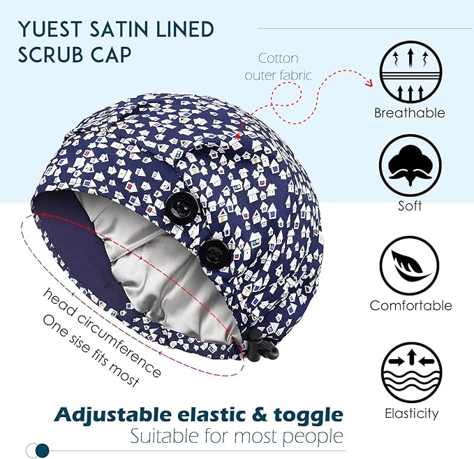 2 Pack Satin Lined Bouffant Scrub Caps with Buttons, Adjustable Scrub Caps for Women Men