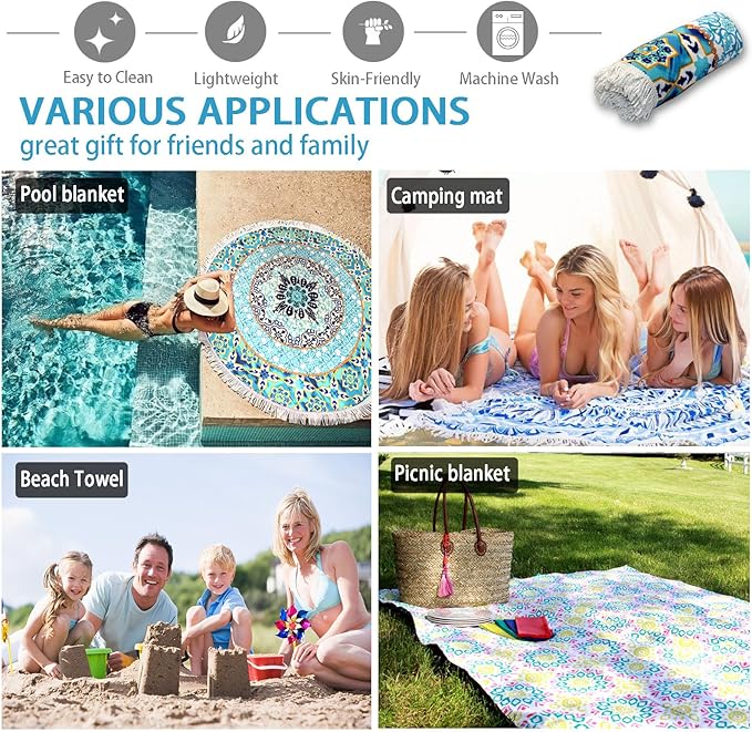Pafusen Round Mandala Beach Towel Blanket/Boho Hippie Tapestry, Roundie Yoga Meditation Mat Picnic Rug, Bohemian Table Cloth with Tassels, Terry Towel Material, 60 inch Cute Towels, Gifts for Women