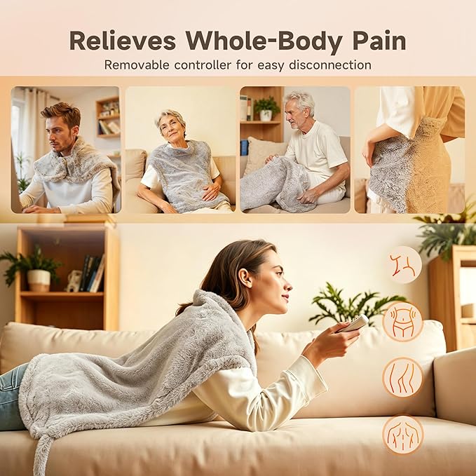 GOTCOZY Wareable Heating Pad for Back Pain Relief, 26"x35" Electric Heat Pad with Neck and Shoulder，6 Heat Settings & 1-3H Auto Shut Off, Machine Washable, Gifts for Women, Men, Mom, Dad (Tan)