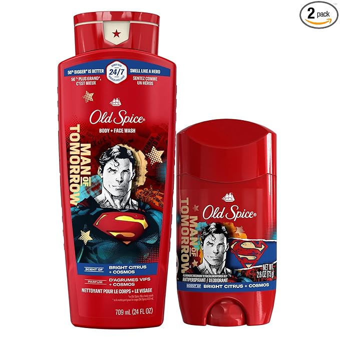 Old Spice Body Wash + Antiperspirant Deodorant Bundle Pack, Superman Man of Tomorrow, 24/7 Freshness, Smell Like a Hero, Bright Citrus + Cosmos Lasting Scent, 24 oz & 2.6 oz (Pack of 2)