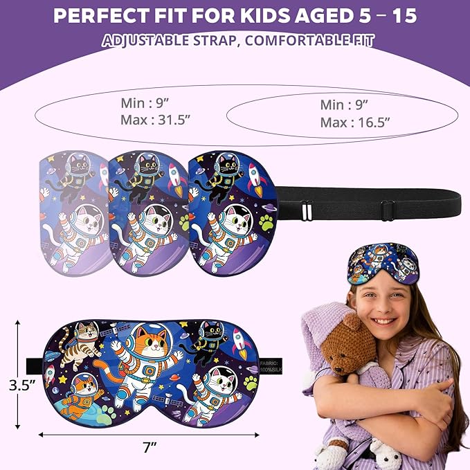 Kids Silk Sleep Mask: 100% Mulberry Silk Eye Mask with Adjustable Strap, Soft Blackout Boys Girls Sleeping Mask, Cute Printed Blindfold for Travel/School/Bed, Gift for Ages 5–15 (Space Cat Style)