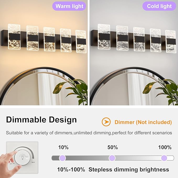 Modern LED Bathroom Light Fixtures Dimmable 5-Light Black Vanity Light,5CCT Adjustable Lighting Fixture Vanity Lights Over Mirror, Smoked Acrylic LED Vanity Lights for Bathroom