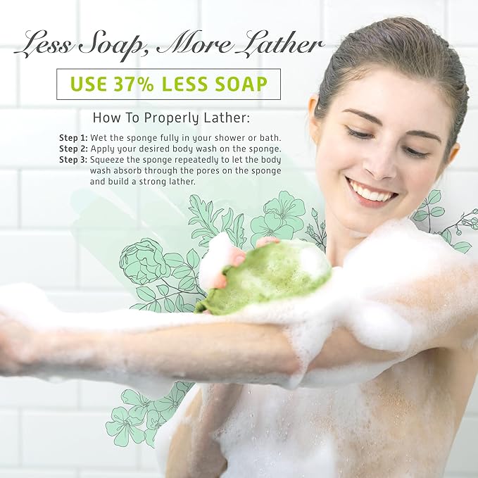 Spongentle Loofah Sponge for Shower and Bathing, Bath Sponge with Dual Texture, Shower Pouf for Gentle and Deep Exfoliation, Large Size Body Scrubber for Men & Women, PU Foam, 37% More Lather, 3 Pack