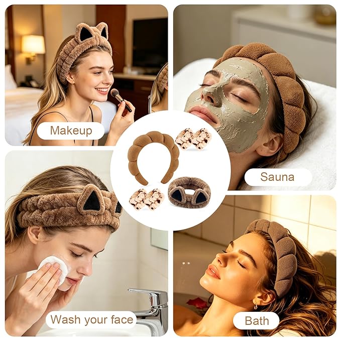 Zkptops 6Pcs Spa Headband for Washing Face Wristband Set Sponge Makeup Skincare Terry Cloth Headband Bubble Soft Cat Ears Hairband Women Puffy Padded Headwear Non Slip Hair Accessory(Khaki)