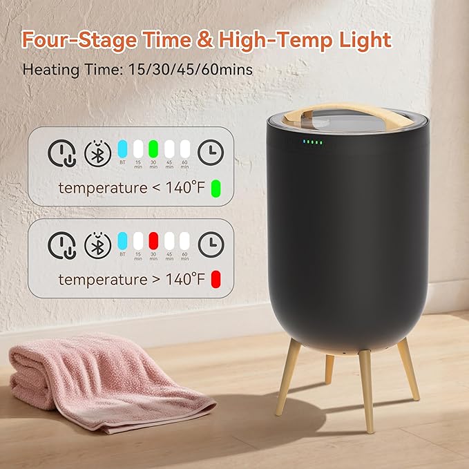 warmcozy Towel Warmer Black Bath Towel Warmers for Bathroom – Adjustable Timer, Ambient Light, Relaxation Mode, Auto Shut Off & Safety Lock – Fits Two 40"x70" Towels, Bathrobes, Blankets
