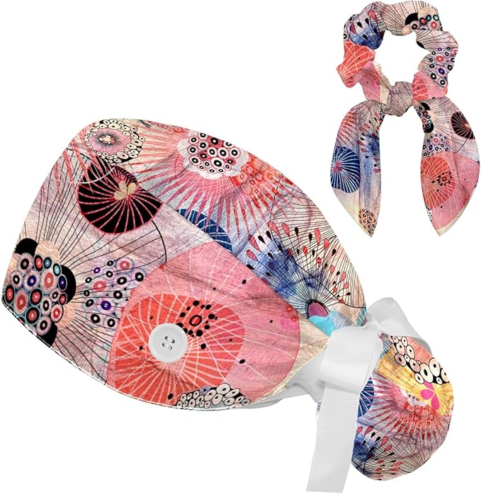 Women Working Cap with Buttons Bouffant Hat Autumn Leaves Nurse Scrub Caps Long Hair